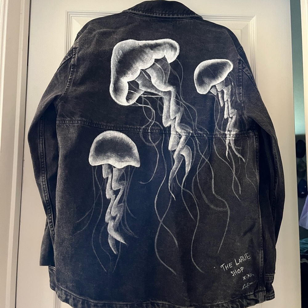 Mens hand painted black denim jacket